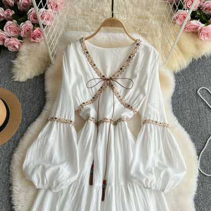 Long-Sleeve V-Neck Contrast Trim Maxi A-Line Dress