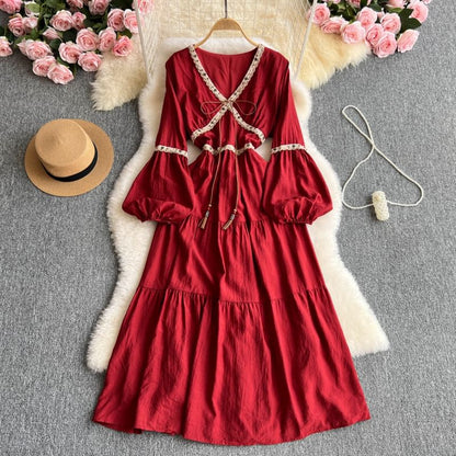 Long-Sleeve V-Neck Contrast Trim Maxi A-Line Dress