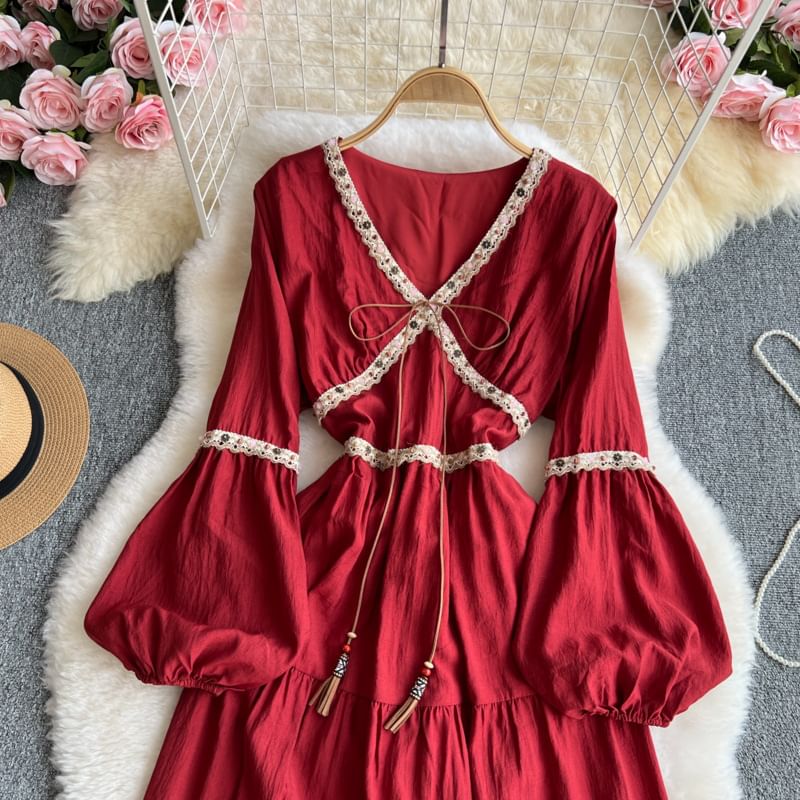 Long-Sleeve V-Neck Contrast Trim Maxi A-Line Dress