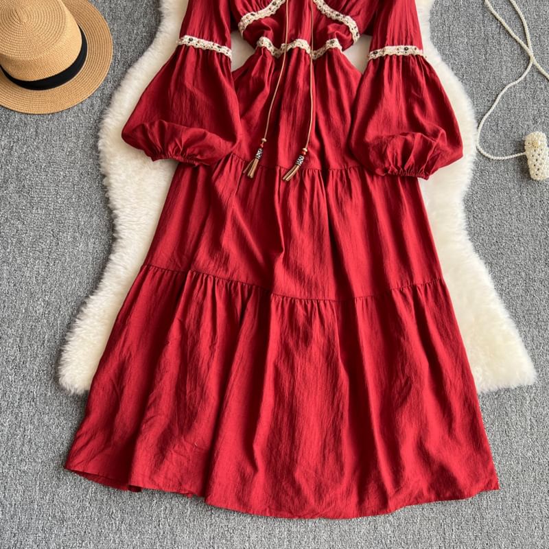 Long-Sleeve V-Neck Contrast Trim Maxi A-Line Dress