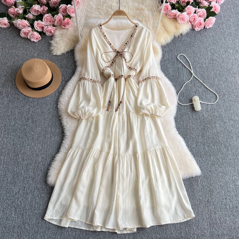 Long-Sleeve V-Neck Contrast Trim Maxi A-Line Dress