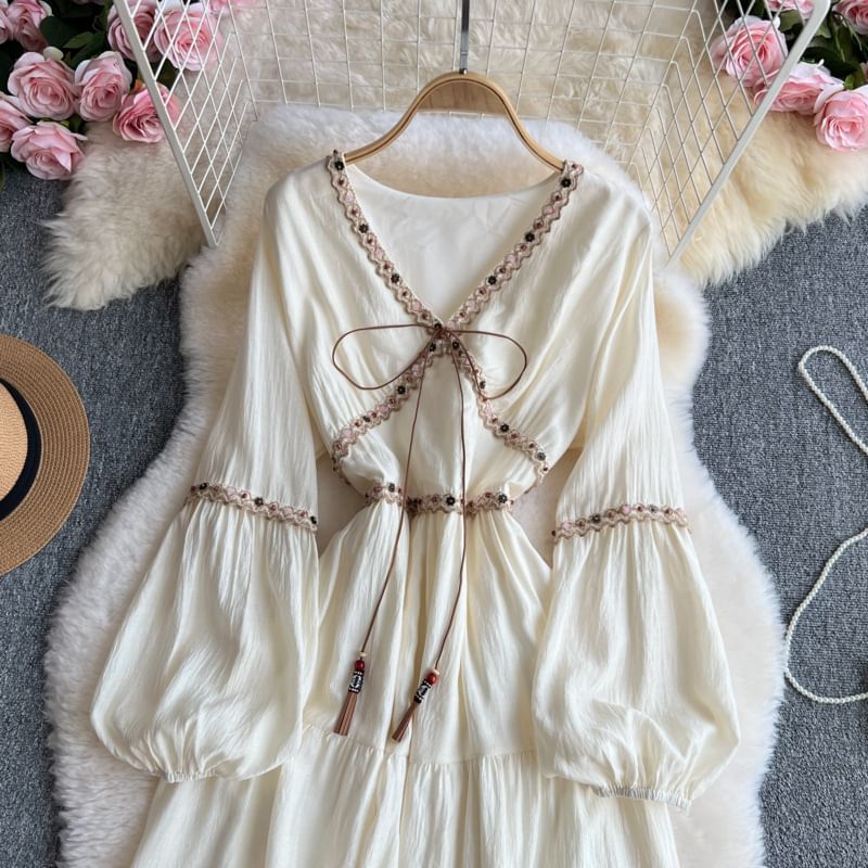Long-Sleeve V-Neck Contrast Trim Maxi A-Line Dress