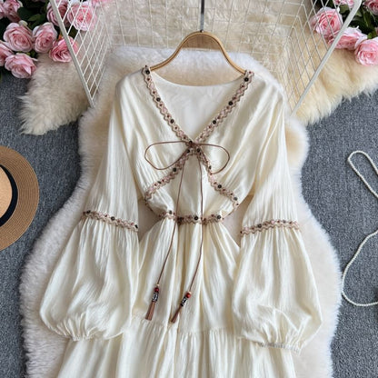 Long-Sleeve V-Neck Contrast Trim Maxi A-Line Dress