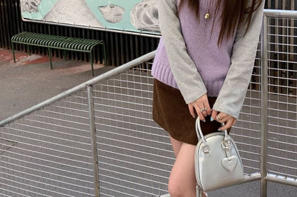 Crewneck Long-Sleeve Tee Paired with Sleeveless Knit