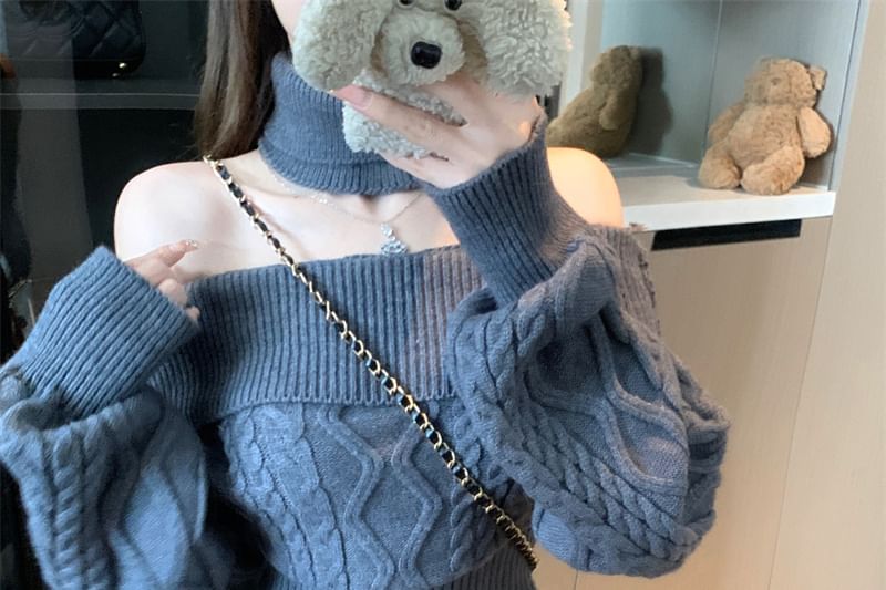 Set: Off-Shoulder Cable Knit Sweater with Neck Warmer