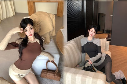 Two-Tone Crewneck Top with Long Sleeves