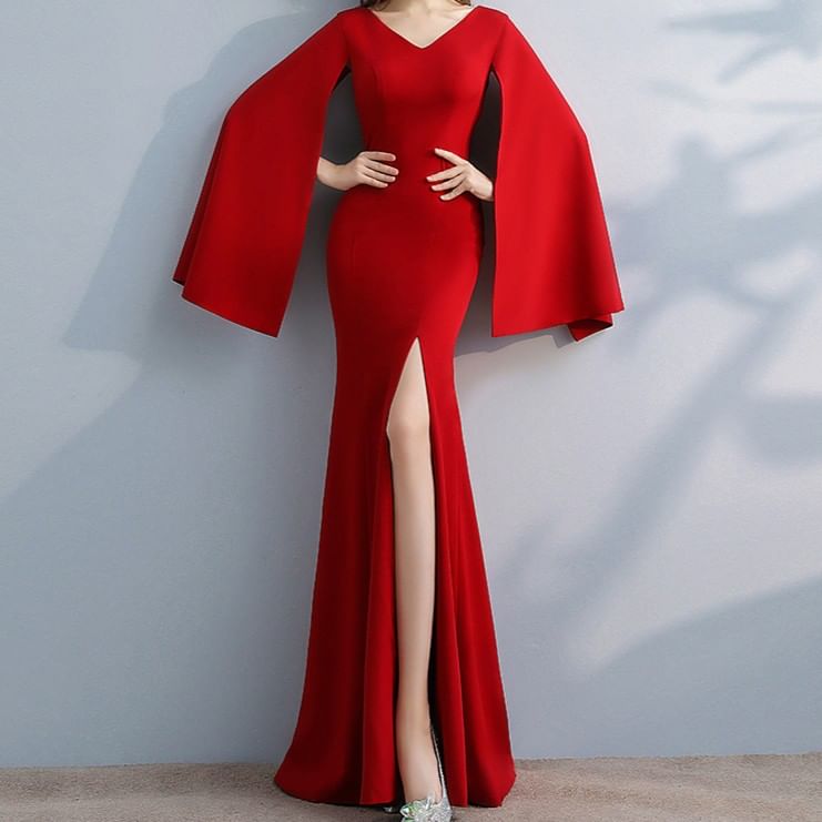 Cape Sleeve V-Neck Plain Slit Trumpet Evening Gown