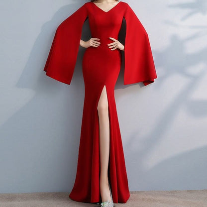 Cape Sleeve V-Neck Plain Slit Trumpet Evening Gown