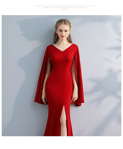 Cape Sleeve V-Neck Plain Slit Trumpet Evening Gown