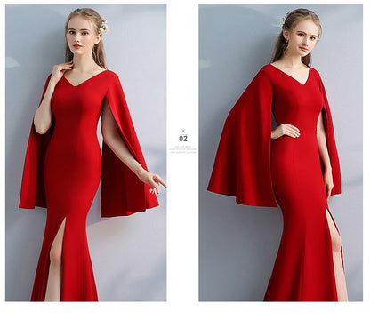 Cape Sleeve V-Neck Plain Slit Trumpet Evening Gown