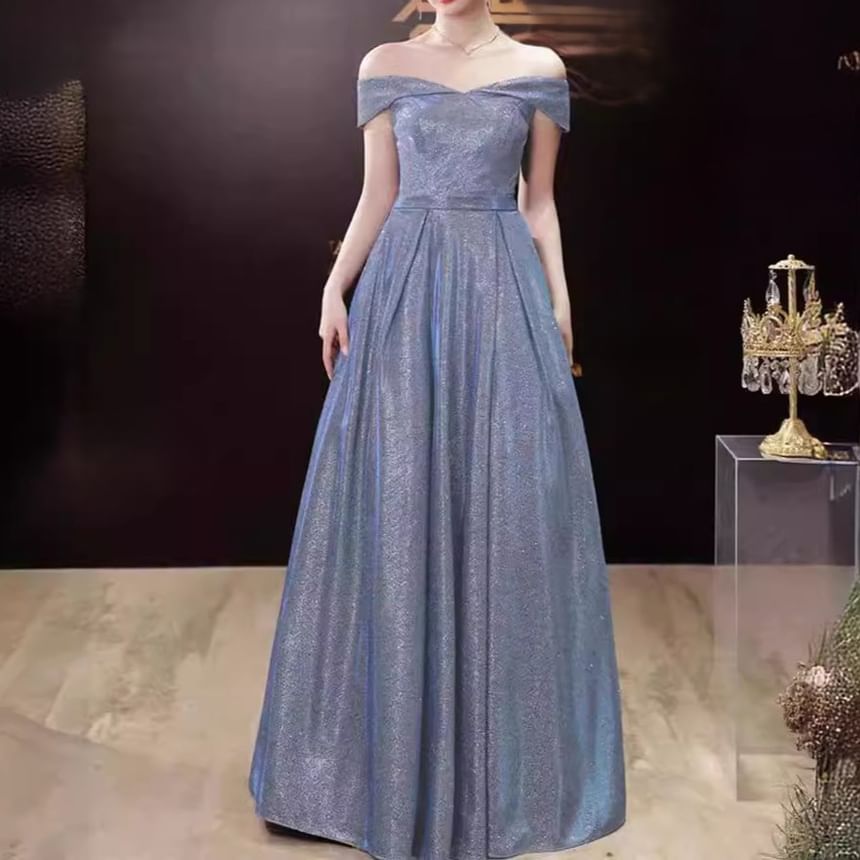 Sleeveless Off Shoulder Plain Glitter A-Line Evening Gown