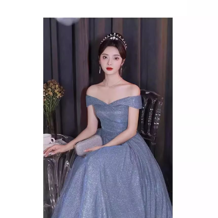 Sleeveless Off Shoulder Plain Glitter A-Line Evening Gown