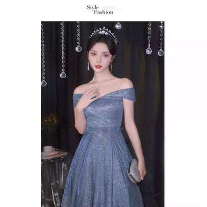 Sleeveless Off Shoulder Plain Glitter A-Line Evening Gown