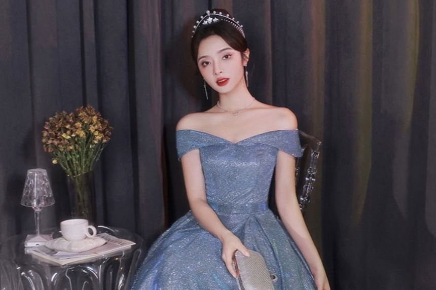 Sleeveless Off Shoulder Plain Glitter A-Line Evening Gown