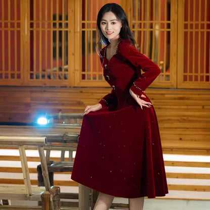 Long Sleeve Sweetheart Neck Plain Beaded Bow Velvet Midi A-Line Cocktail Dress (Various Designs)