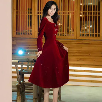 Long Sleeve Sweetheart Neck Plain Beaded Bow Velvet Midi A-Line Cocktail Dress (Various Designs)