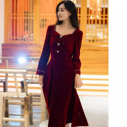 Long Sleeve Sweetheart Neck Plain Beaded Bow Velvet Midi A-Line Cocktail Dress (Various Designs)