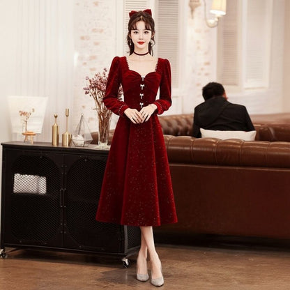 Long Sleeve Sweetheart Neck Plain Beaded Bow Velvet Midi A-Line Cocktail Dress (Various Designs)