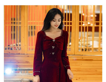 Long Sleeve Sweetheart Neck Plain Beaded Bow Velvet Midi A-Line Cocktail Dress (Various Designs)
