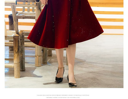 Long Sleeve Sweetheart Neck Plain Beaded Bow Velvet Midi A-Line Cocktail Dress (Various Designs)