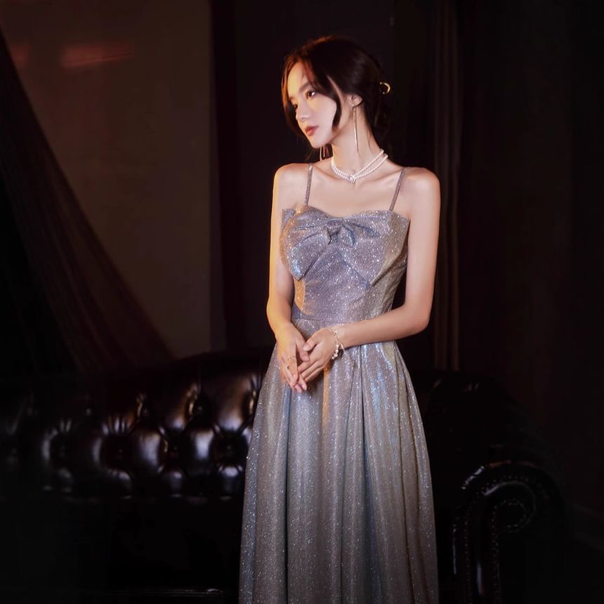 Spaghetti Strap Plain Glitter Bow A-Line Evening Gown