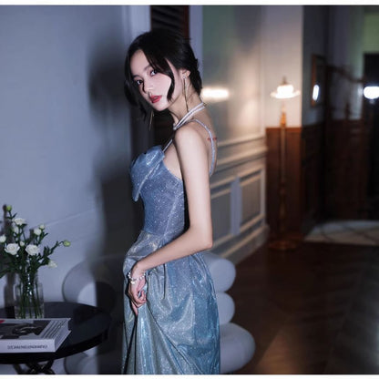 Spaghetti Strap Plain Glitter Bow A-Line Evening Gown