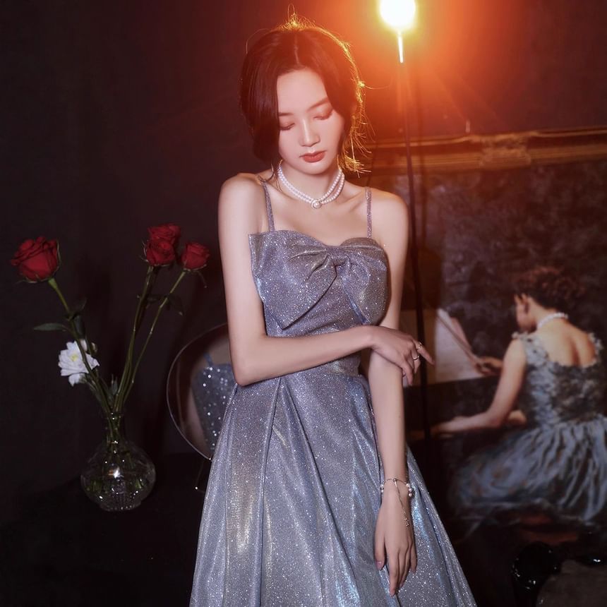 Spaghetti Strap Plain Glitter Bow A-Line Evening Gown