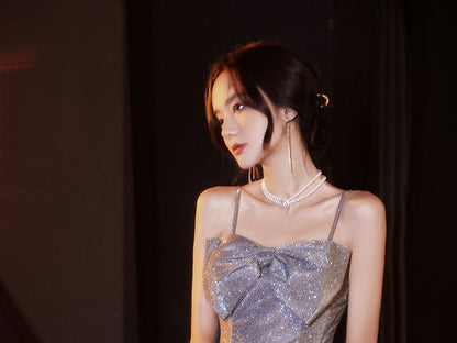 Spaghetti Strap Plain Glitter Bow A-Line Evening Gown