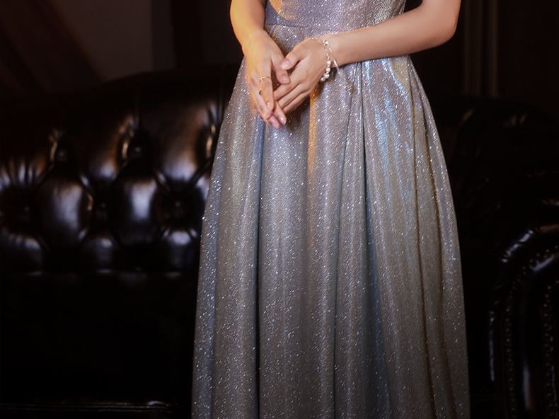 Spaghetti Strap Plain Glitter Bow A-Line Evening Gown