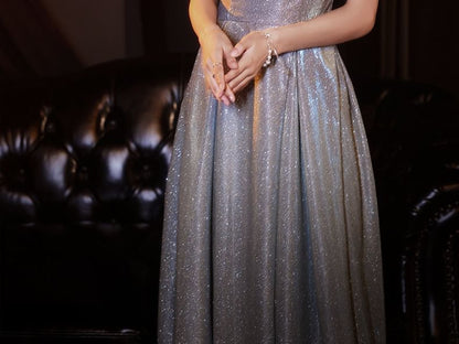 Spaghetti Strap Plain Glitter Bow A-Line Evening Gown