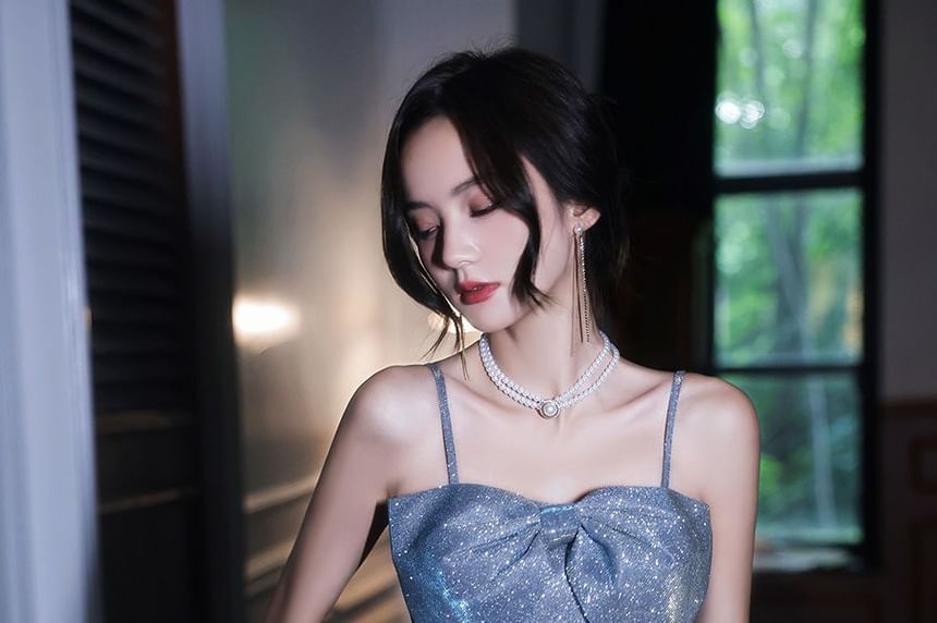 Spaghetti Strap Plain Glitter Bow A-Line Evening Gown