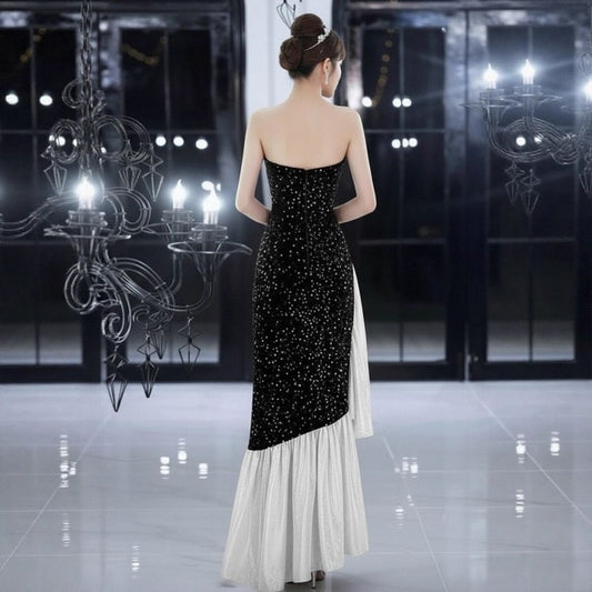 Two Tone Sequin Panel Ruffle Mermaid Tube Evening Dress