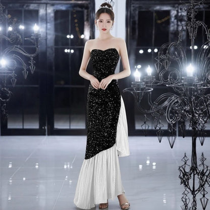 Two Tone Sequin Panel Ruffle Mermaid Tube Evening Dress