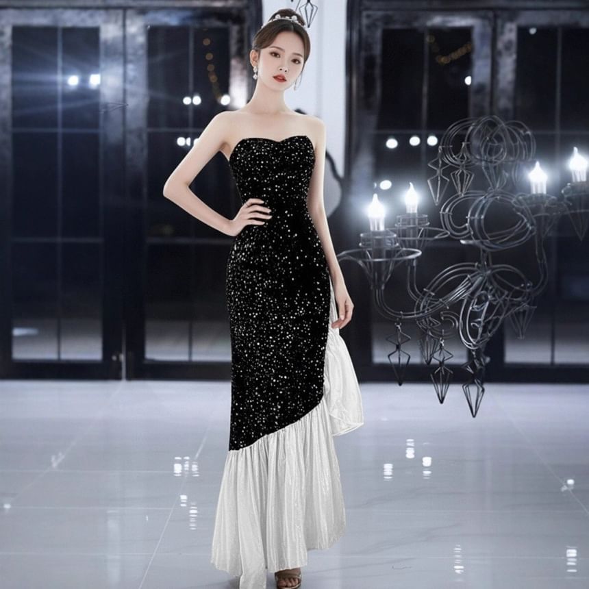 Two Tone Sequin Panel Ruffle Mermaid Tube Evening Dress