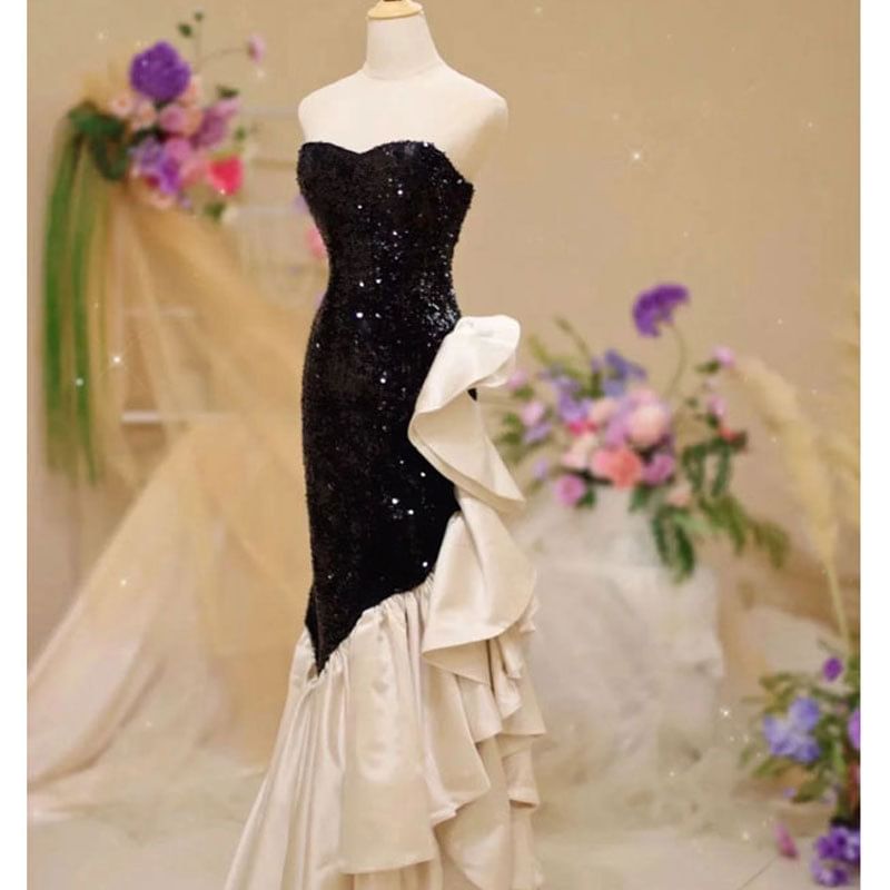 Two Tone Sequin Panel Ruffle Mermaid Tube Evening Dress