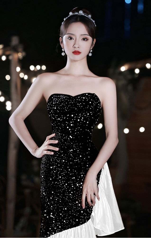 Two Tone Sequin Panel Ruffle Mermaid Tube Evening Dress