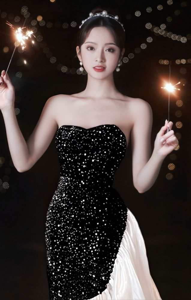 Two Tone Sequin Panel Ruffle Mermaid Tube Evening Dress