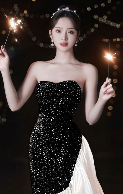 Two Tone Sequin Panel Ruffle Mermaid Tube Evening Dress