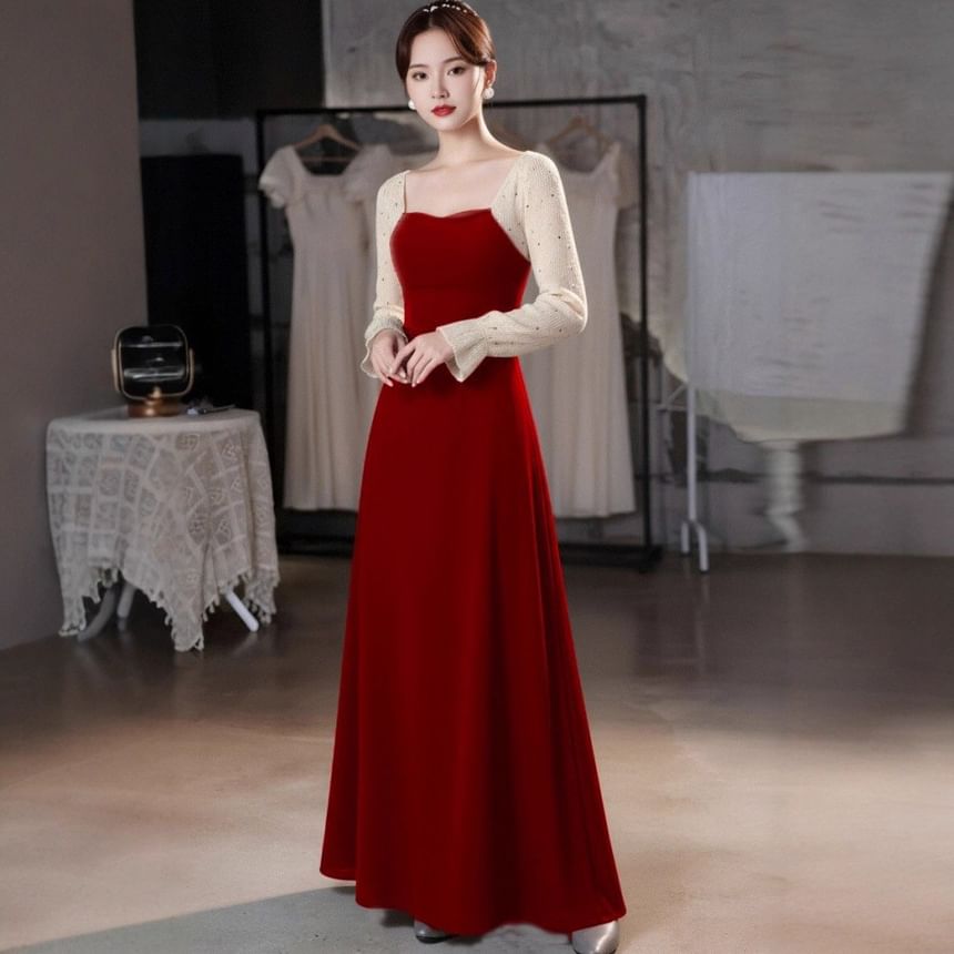 Long Sleeve Sweetheart Neck Sequin Panel A-Line Evening Dress