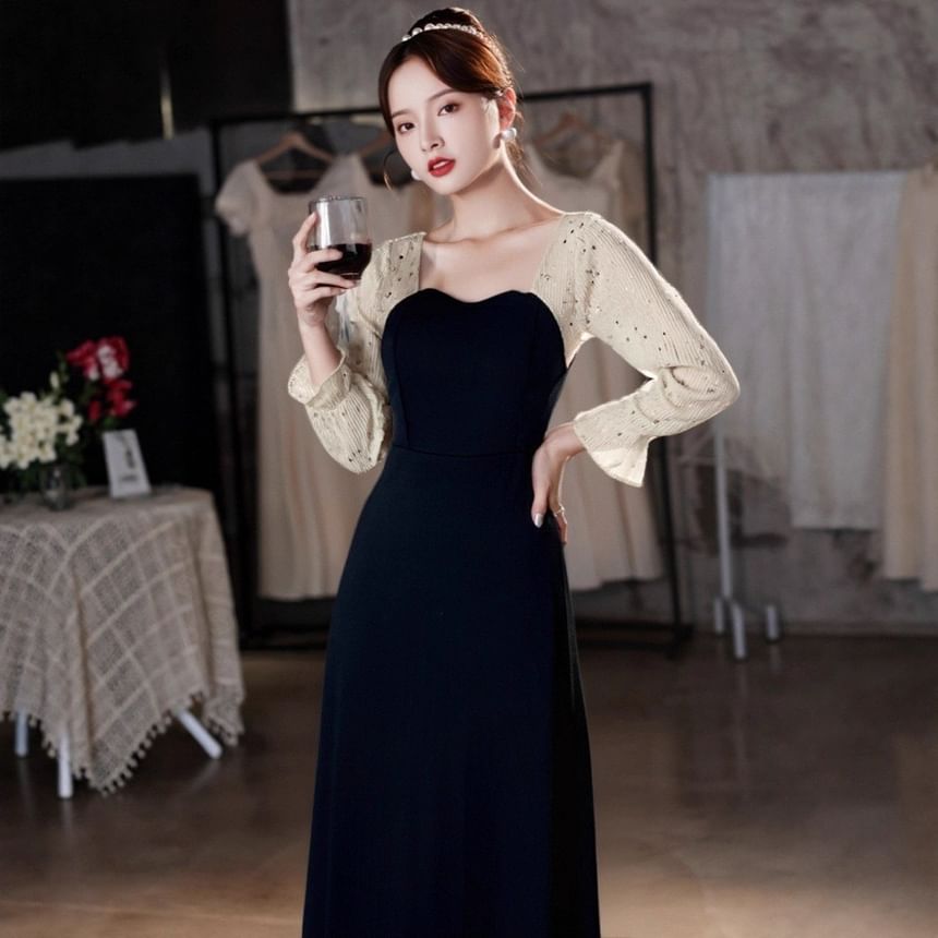 Long Sleeve Sweetheart Neck Sequin Panel A-Line Evening Dress