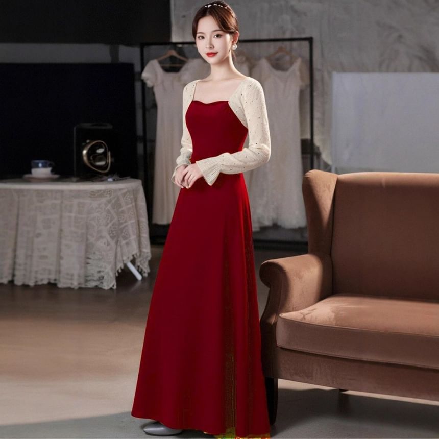 Long Sleeve Sweetheart Neck Sequin Panel A-Line Evening Dress
