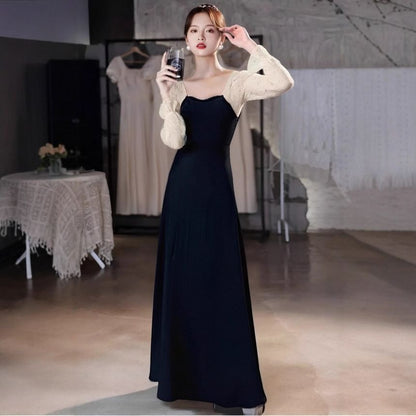 Long Sleeve Sweetheart Neck Sequin Panel A-Line Evening Dress