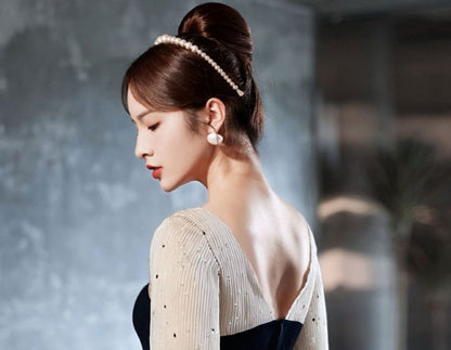 Long Sleeve Sweetheart Neck Sequin Panel A-Line Evening Dress