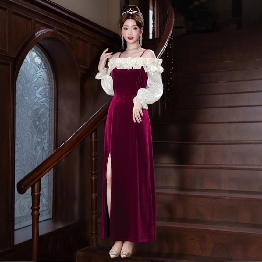 Long Sleeve Cold Shoulder Two Tone Ruffle Slit Panel Velvet A-Line Evening Dress