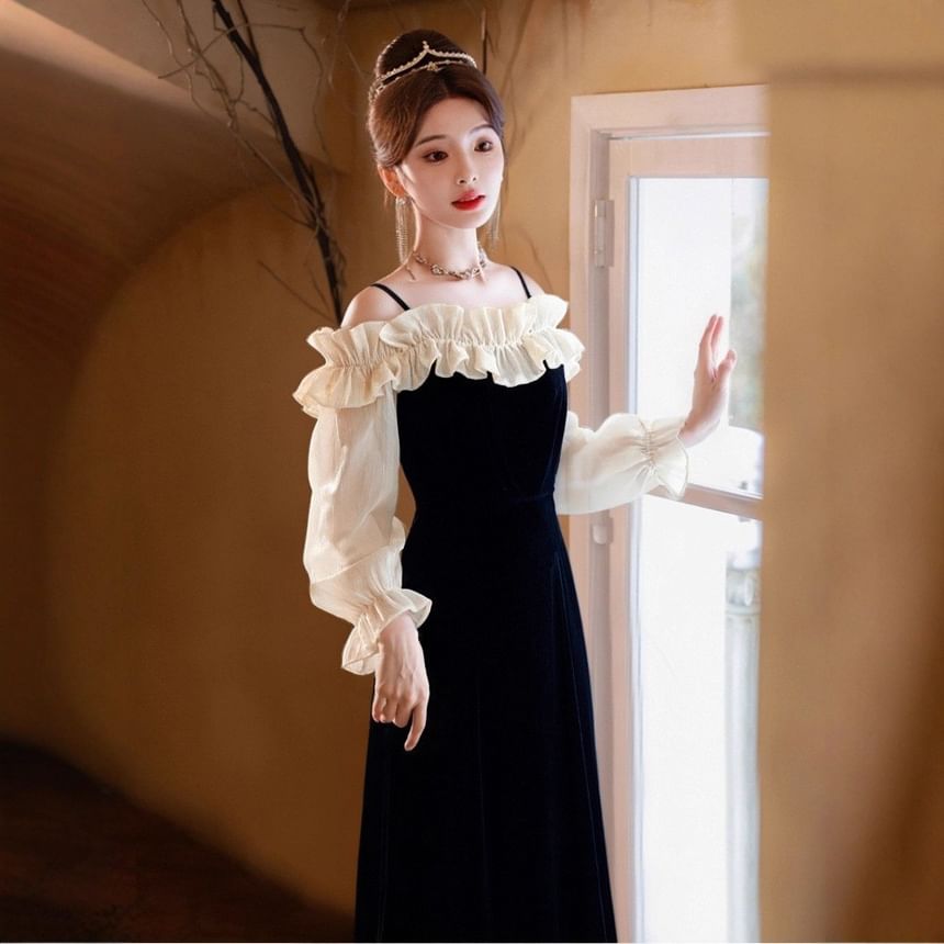 Long Sleeve Cold Shoulder Two Tone Ruffle Slit Panel Velvet A-Line Evening Dress