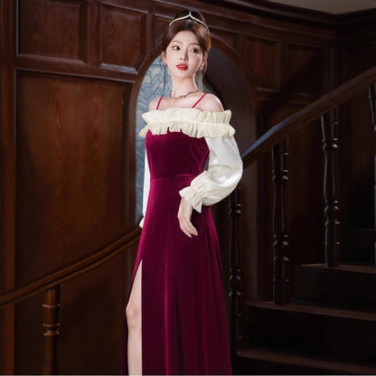 Long Sleeve Cold Shoulder Two Tone Ruffle Slit Panel Velvet A-Line Evening Dress