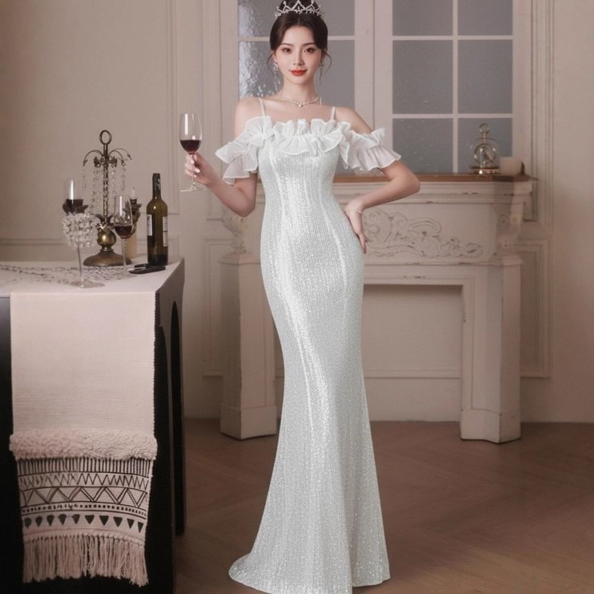 Sleeveless Cold Shoulder Plain Sequin Ruffle Panel Trumpet Evening Gown