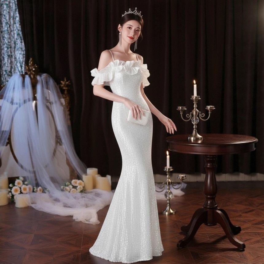 Sleeveless Cold Shoulder Plain Sequin Ruffle Panel Trumpet Evening Gown