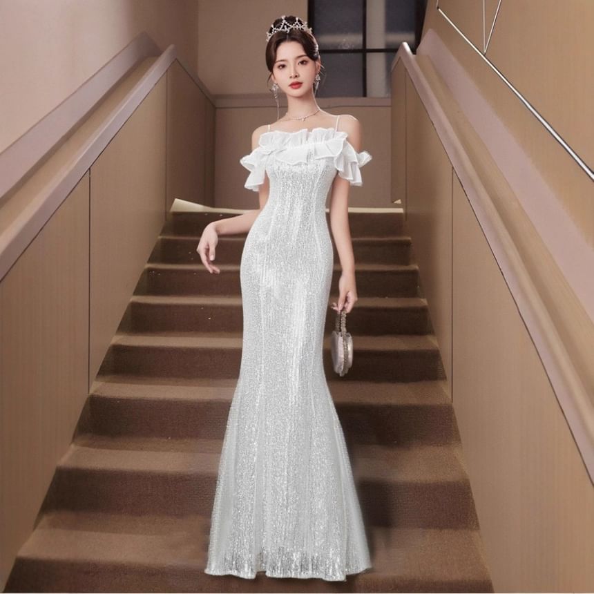 Sleeveless Cold Shoulder Plain Sequin Ruffle Panel Trumpet Evening Gown