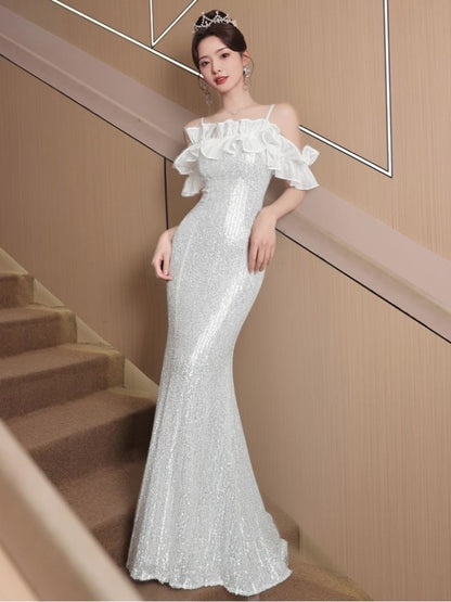 Sleeveless Cold Shoulder Plain Sequin Ruffle Panel Trumpet Evening Gown